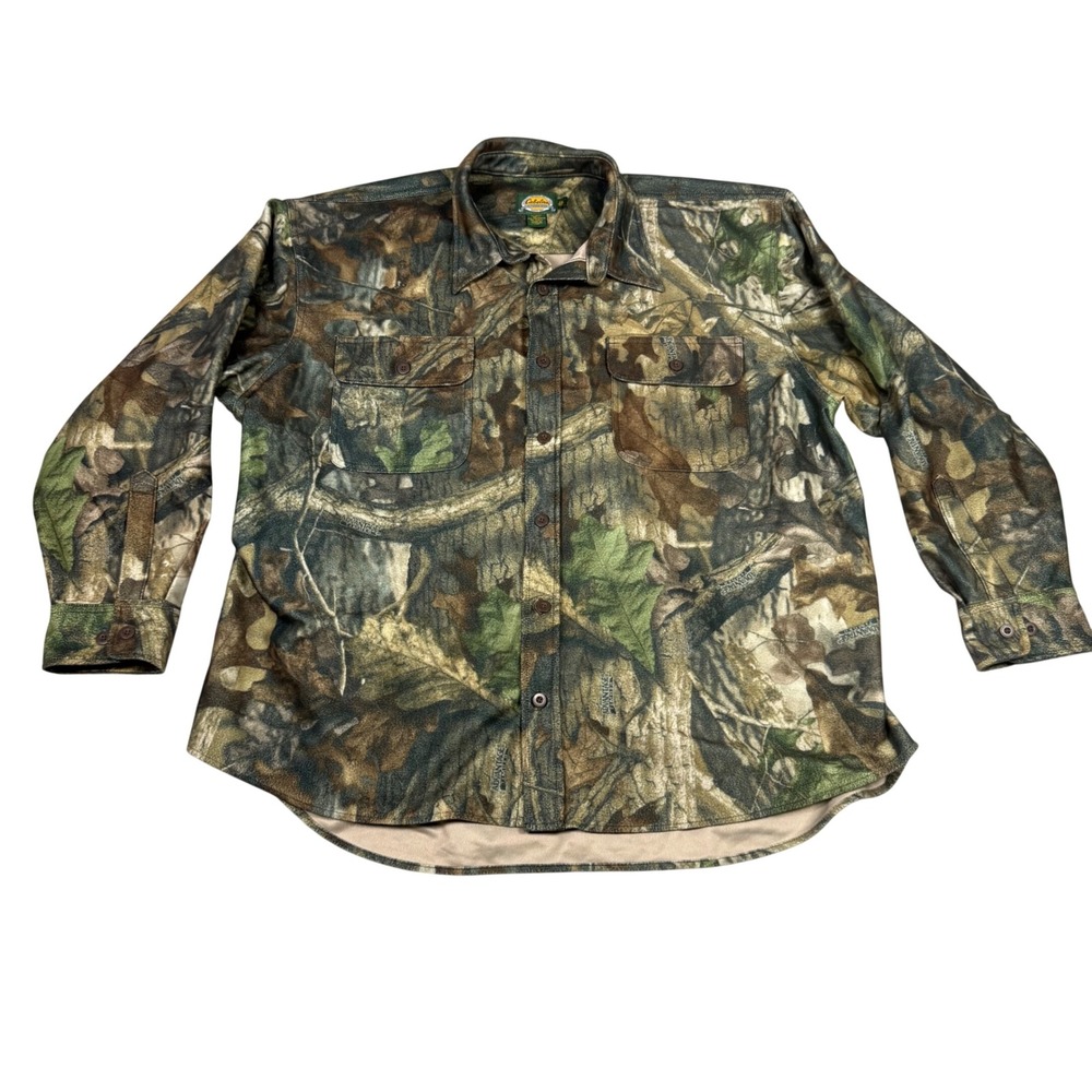 Cabelas Advantage Timber Camo Fleece Shirt Mens 2XL Reg Hunting Button Down 2225